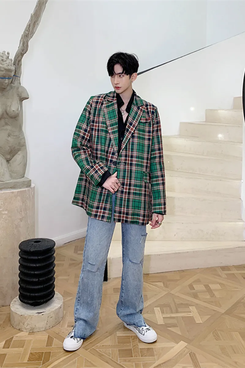 

2020 Spring And Autumn New Fashionable Retro Plaid Small Suit Fashion Casual Wild Loose Single-breasted Shirt Green M-XL