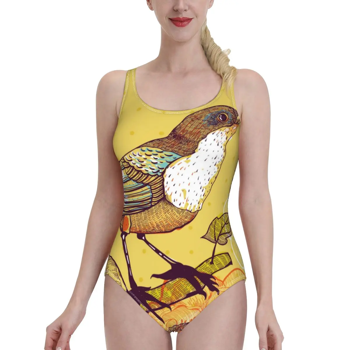 

2021 Swimwear One Piece Swimsuit Women Backless Monokini Bird Blooming Flowers Swimsuit Sport Bodysuit Beach Bathing Suit Swim