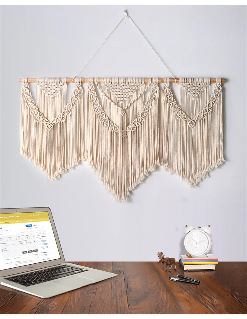 

Large Macrame Wall Hanging Tapestry with Wooden Stick Hand-Woven Bohemia Tassel Curtain Tapestry Wedding Backgrou Boho Decor