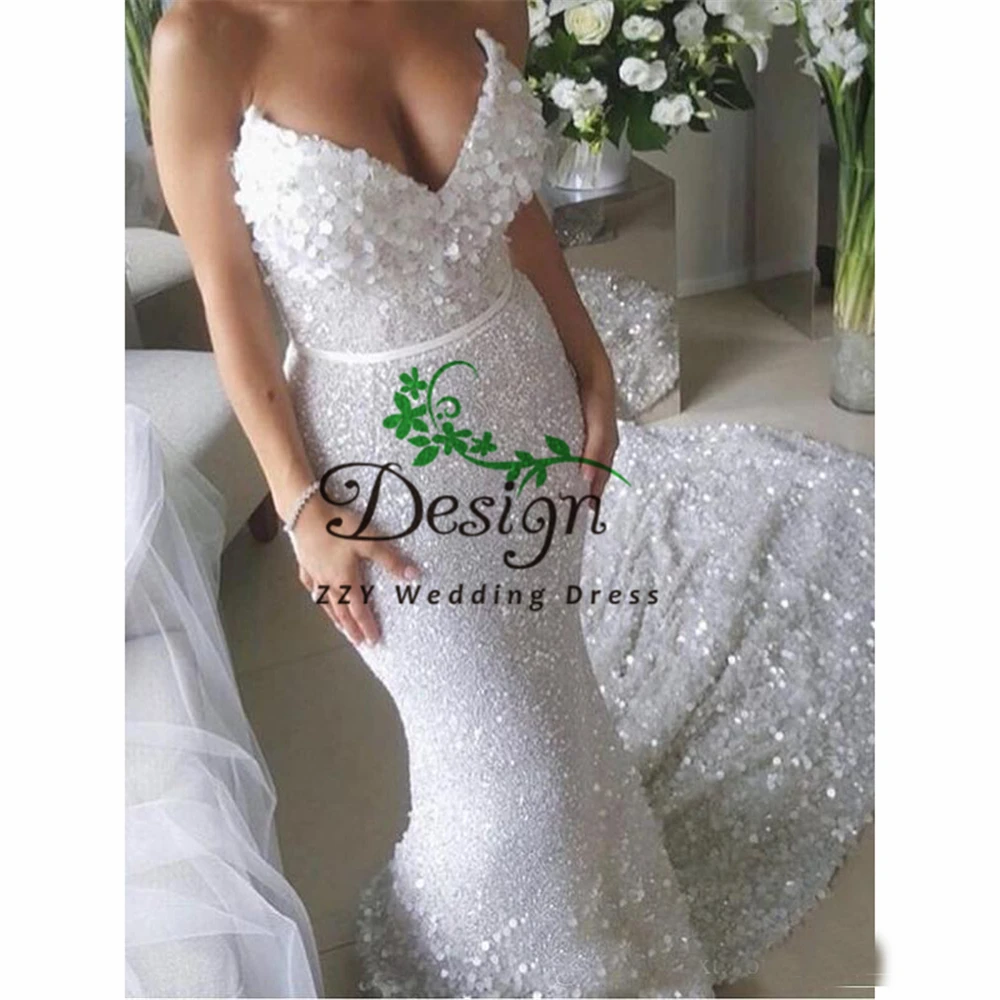 

Blingbling Sparkling Sequin Sexy Mermaid Wedding Dresses Luxury Plus Size illusion Wedding Dress Bridal Gowns Vestidos De Novia