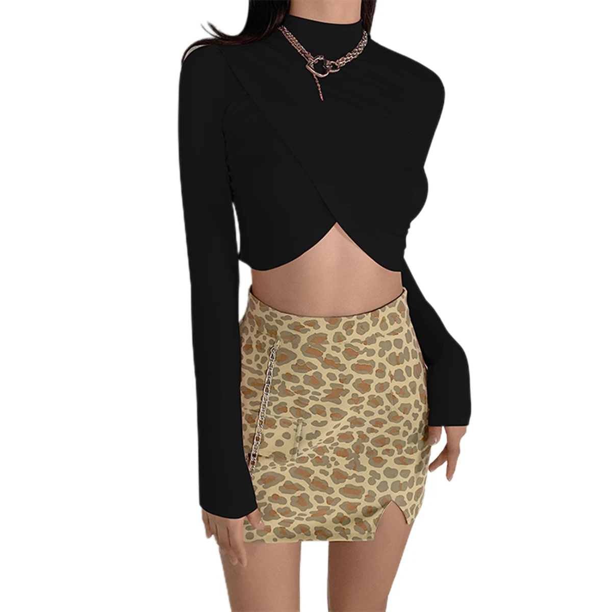 

Women Solid Color Crop Top, Criss Cross Ruched High Neck Long Sleeve Shirts Tops