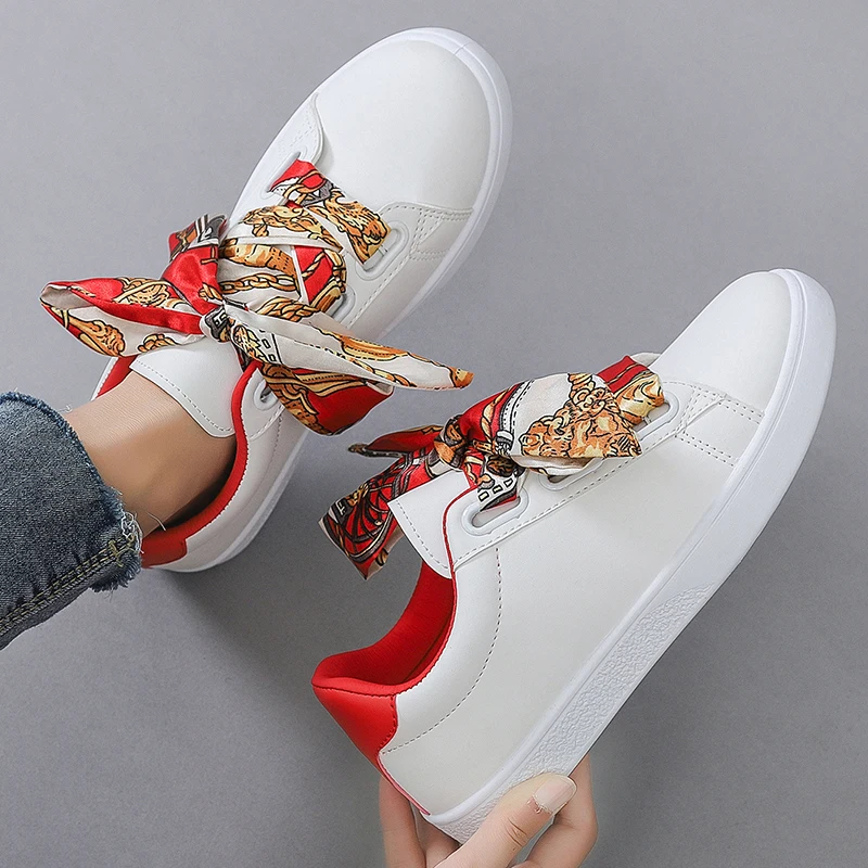 

Autumn Woman Shoes Fashion New Woman PU Leather Shoes Ladies Breathable Ribbon Flats Casual Shoes White Sneakers