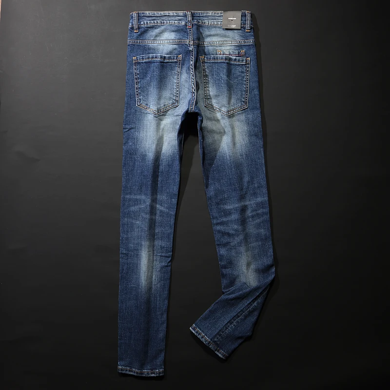 American Street Style Fashion Men Jeans Retro Blue Elastic Slim Fit Ripped Jeans Men Printed Designer Hip Hop Denim Punk Pants