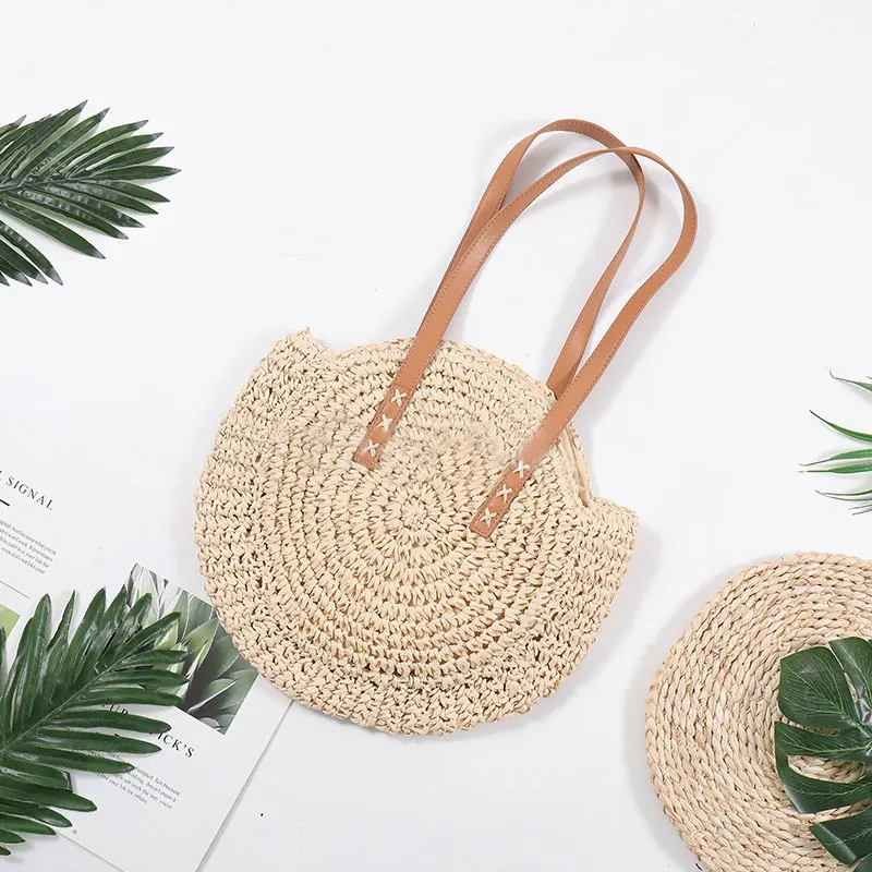 

Summer Round Straw Bags for Women Rattan Shoulder Bag Handmade Woven Beach Handbags Female Message Handbag Totes Bag