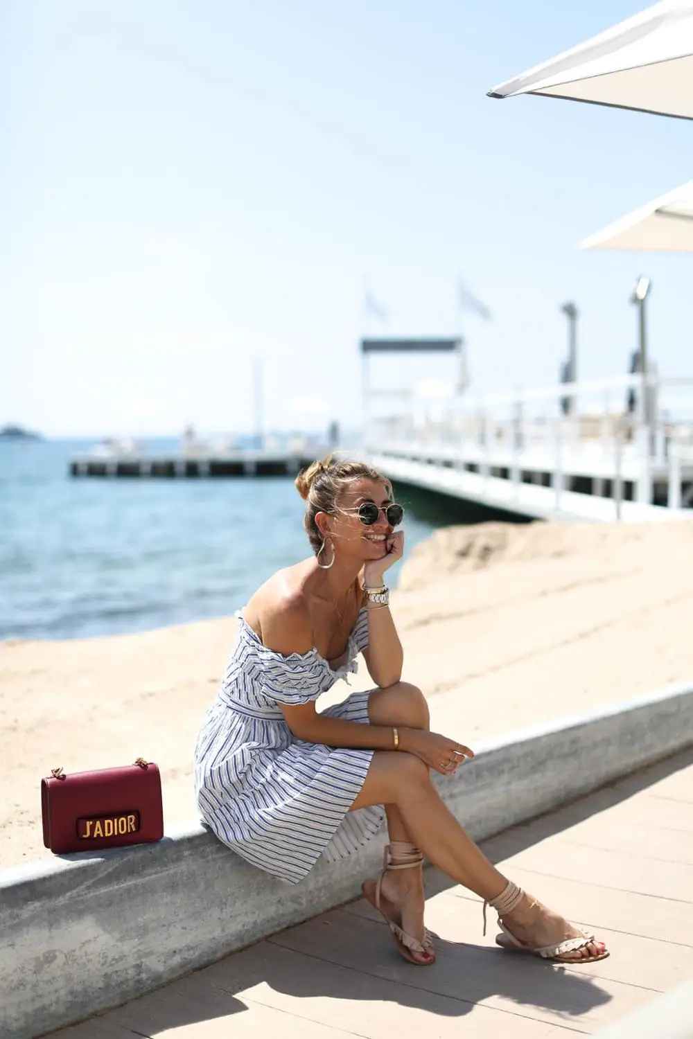 

CAWA Fashion Off Shoulder Summer Dress Women Short Lantern Sleeve Sundress Striped Single Breasted Beach Casual Dress