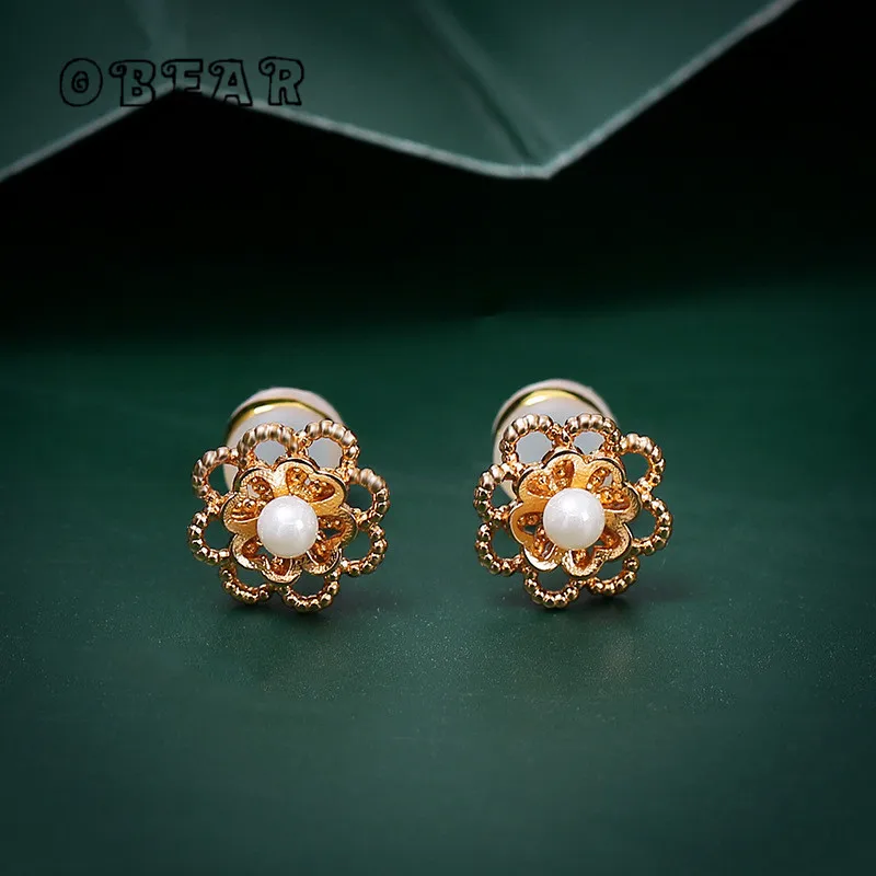 

OBEAR 14k Real Gold Plating Korean High-Quality Pearl Flower Stud Earrings Women Noble Elegant Anniversary Jewelry