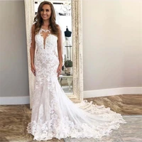 new lace appliques mermaid wedding dresses 2020 sleeveless white ivory vestido de novia backless court train wedding gowns