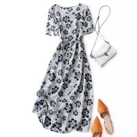 floral dress female large size retro summer 2021 new korean style elegant loose tie casual mid length round neck pullover dress
