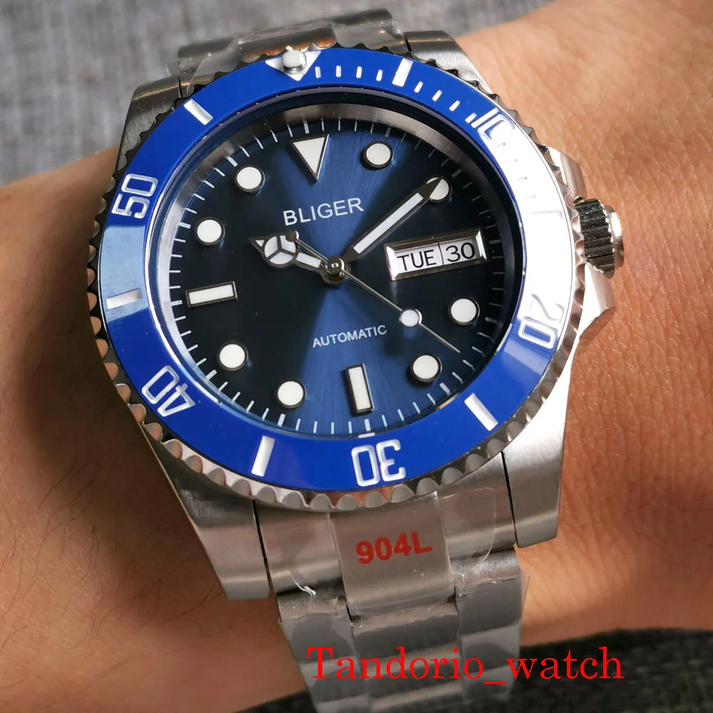 

Bliger 40mm NH36A Automatic Blue Sunburst Dial Men's Watch Sapphire Glass Date Week Function Rotating Bezel Luminous Indexes