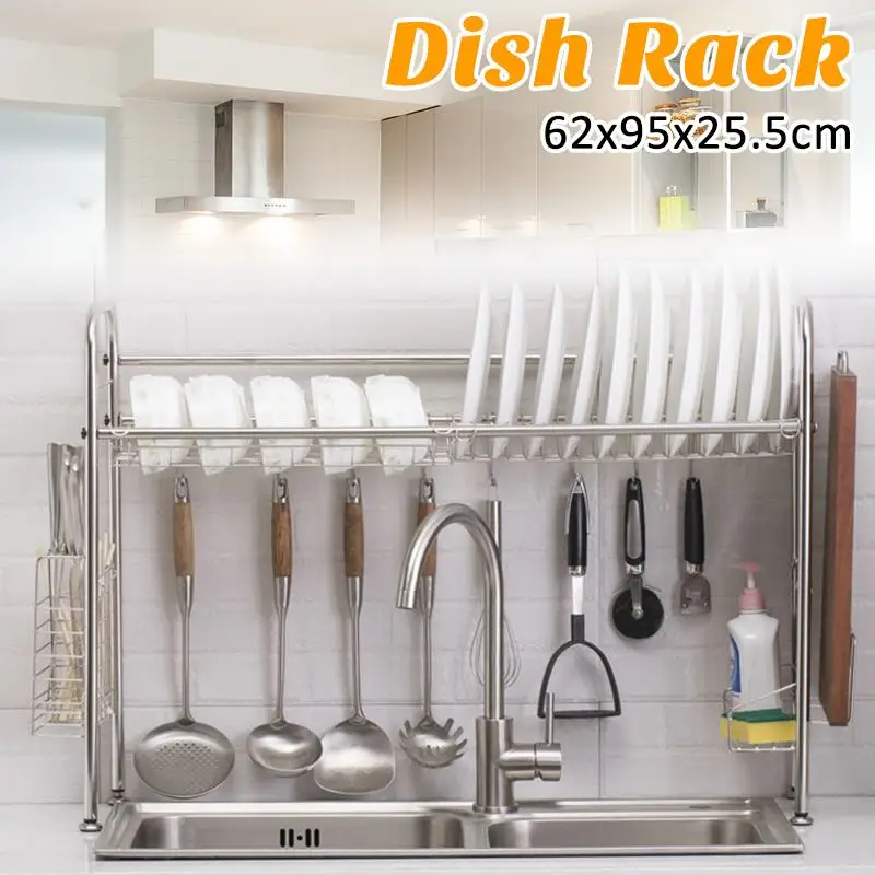 

95x25.5x62cm 2 Tiers Multifunctional Dish Drainer Cutlery Cup Drying Holder Rack Stainless Steel Drainer Tray Kitchen