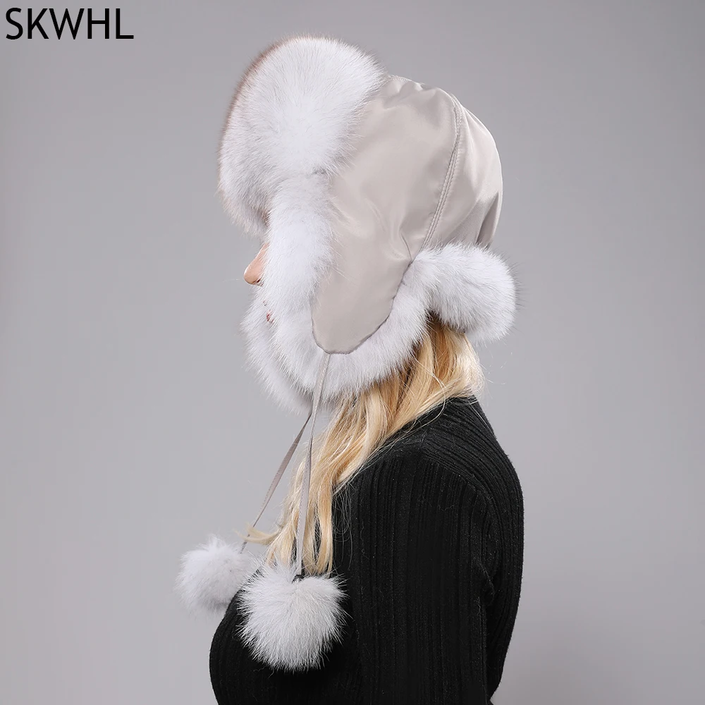 

2021 Hot Sale Women Natural Fox Fur Russian Ushanka Hats Winter Thick Warm Ears Fashion Bomber Hat Lady Genuine Real Fox Fur Cap