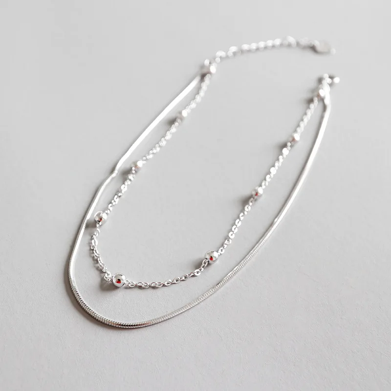 

Double Layer Chain Ankle 100% Pure 925 Sterling Silver Snake Chain with Silver Beads Best Gift Summer Jewelry for Women