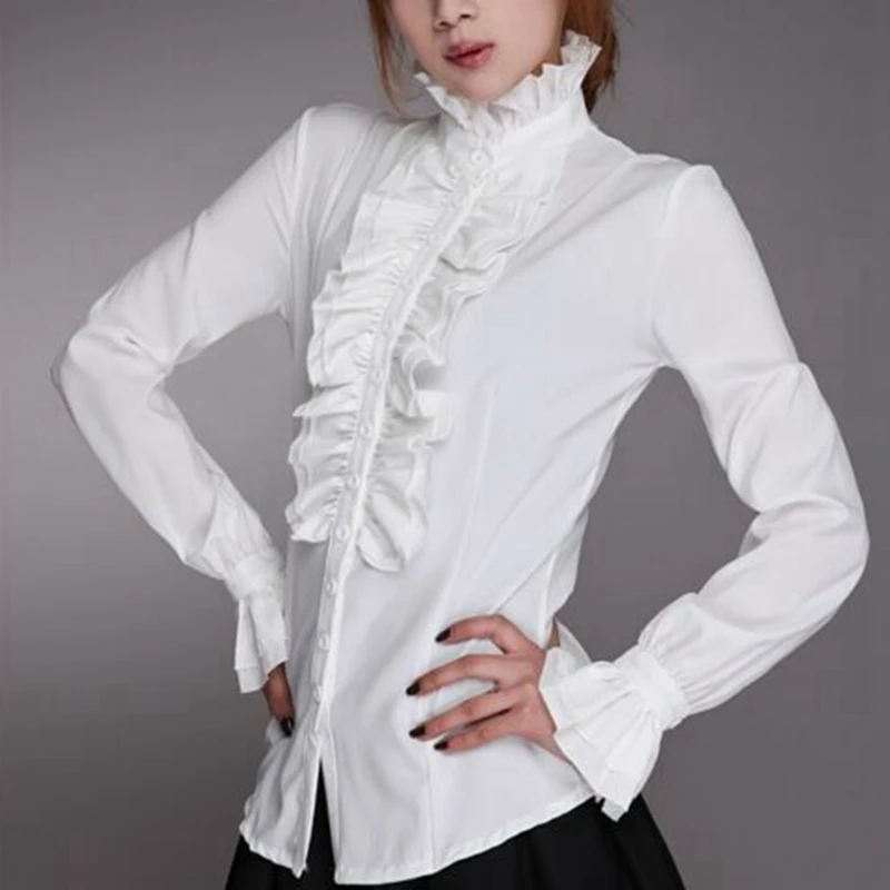 

Elegant Women Office Lady OL Shirt High Neck Frilly Ruffle Cuffs Long Sleeve Shirt Tops Flounce Formal Blouse Clothes