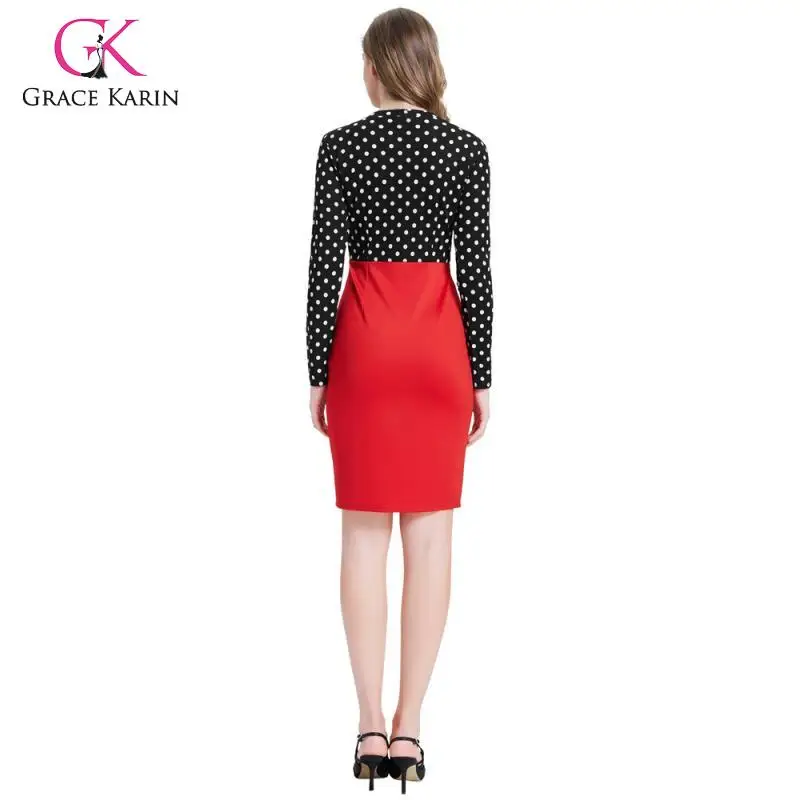 Grace Karin Pencil Dress Women Long Sleeve V Neck Polka Dot 2020 New Autumn Office Work Front Tie Slim Party Dresses | Женская одежда