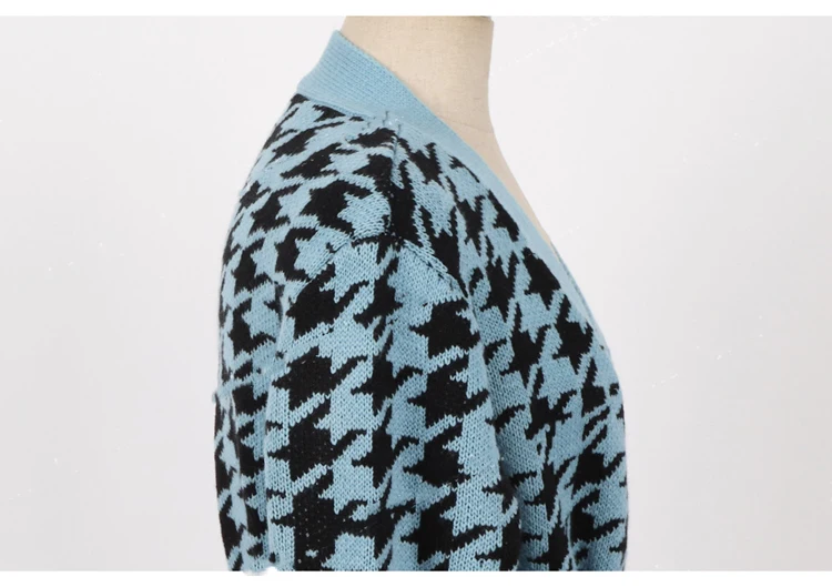 

Koreaan Houndstooth Knitted Long Women Cardigan V-neck Lace Up Single Breasted Pull Femme Elegant Ladies Vintage Oversized Vadim