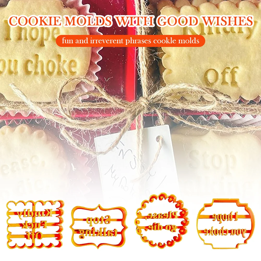 

Cookie Mold with Good Wishes Plastic Cookie Mold Funny Cookie Cutter Cake Mold DIY Pastry Tool Baking Accessories 4pcs Dropship