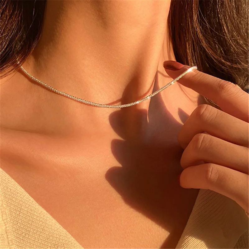 

925 Sterling Silver Sparkling Clavicle Chain Choker Necklace Birthday Gift for Women's Fine Jewelry Wedding Parties
