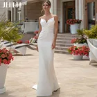 Сексуальное атласное свадебное платье JEHETH с V-образным вырезом, рюшами, юбкой-годе, открытой спиной, на бретельках, Кружевная аппликация, винтажные платья невесты до пола