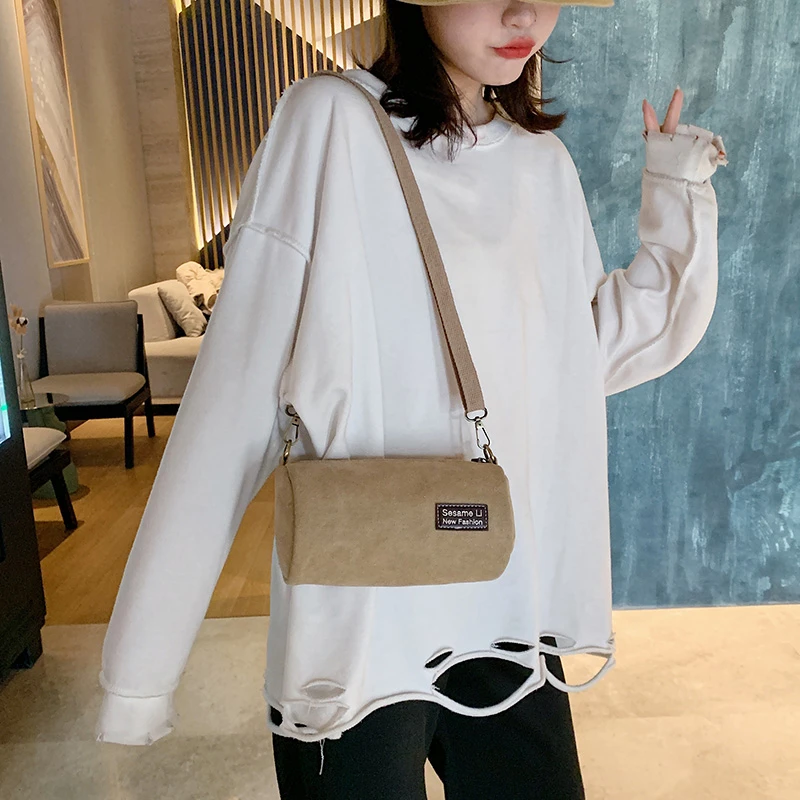 

Женская модная Холщовая Сумка-мешок с диагональю, повседневная однотонная сумка на молнии, сумка через плечо в японском и южнокорейском сти...