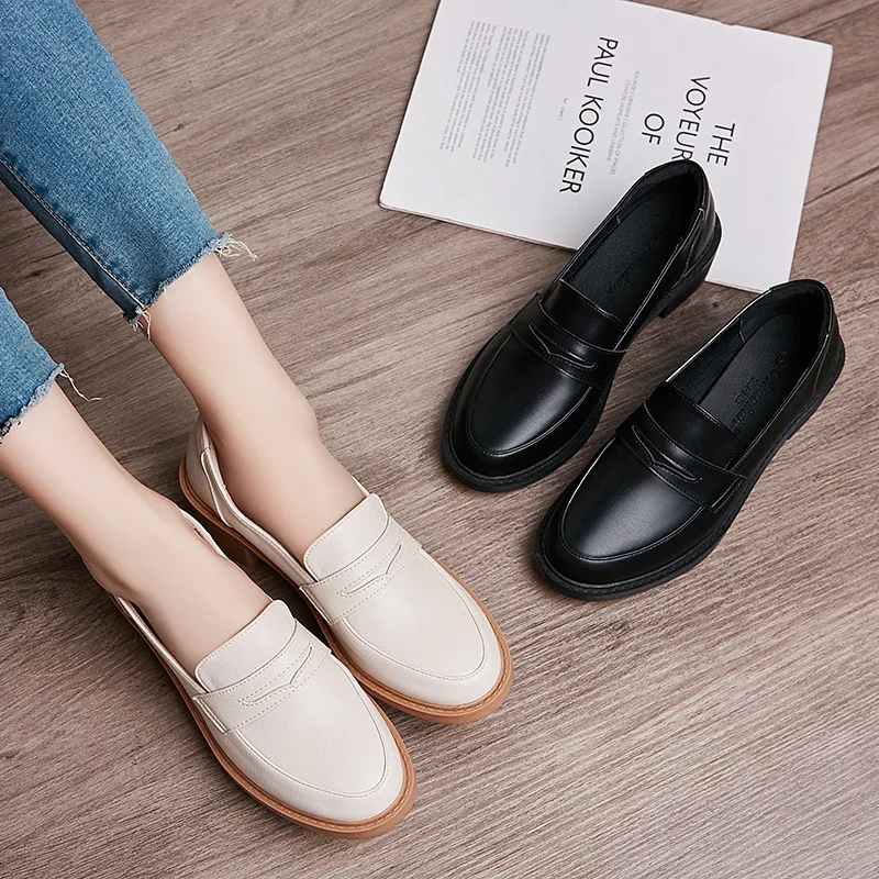 

European British small leather shoes woman winter soft work oxfords buckle chunky heels espadrilles plush creepers flats loafers