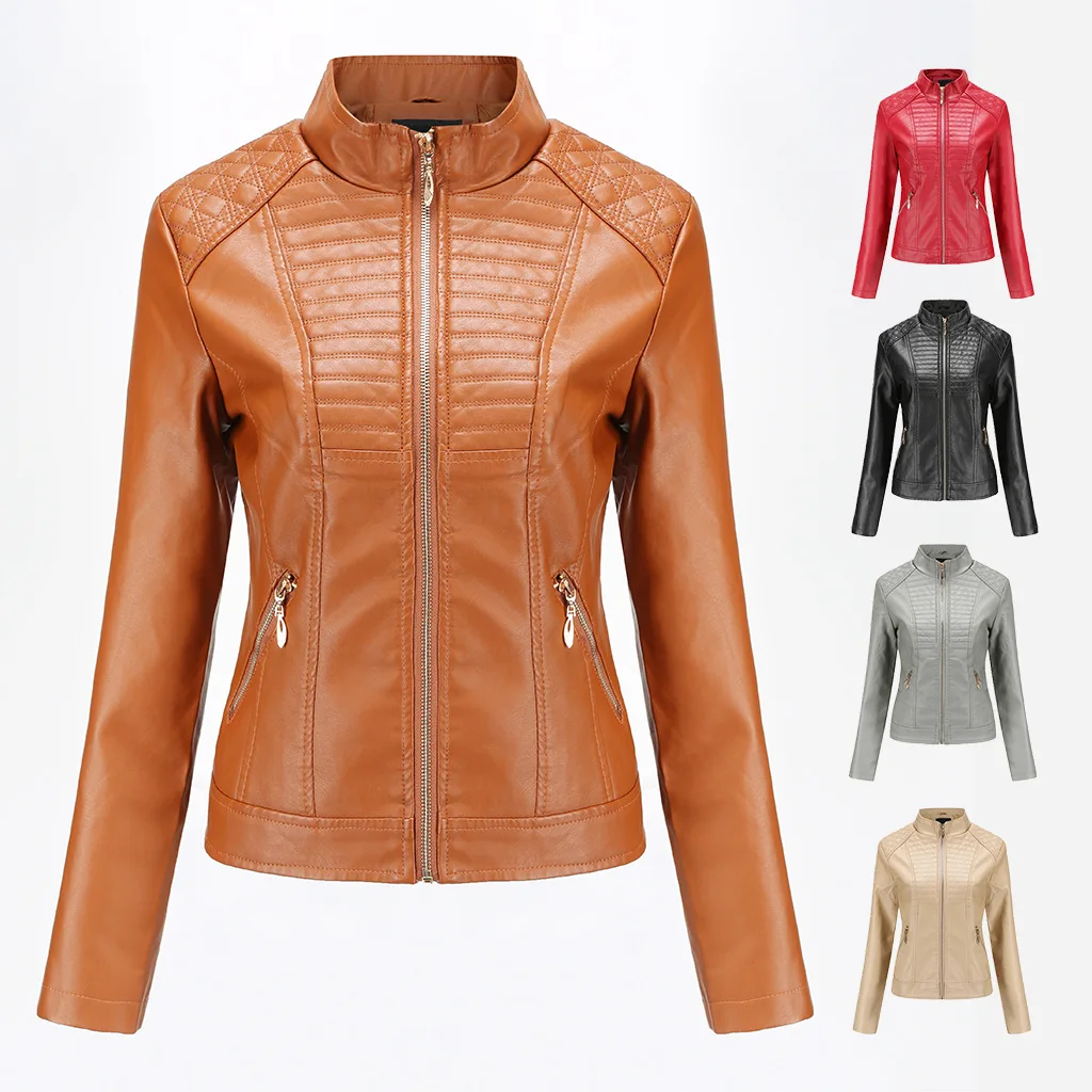 

Pu Women's Leather Women's Leather Jacket Casual Spring and Autumn Coat Solid Color Biker Leather Leather JacketWomen CN(Origin)