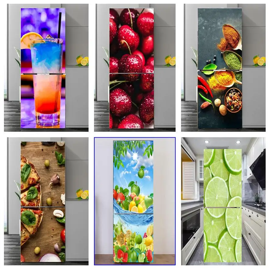 ตกแต่งห้องครัวตู้เย็นสติกเกอร์ไวนิลผลไม้โปสเตอร์ประตูกันน้ำอาหาร Mural Home Decor รูปลอกผนัง3D วอลล...