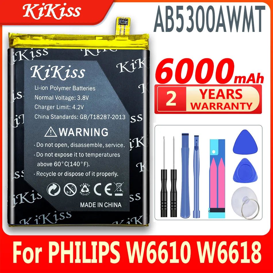 

KiKiss Large Capacity 6000mAh Mobile Phone Battery For PHILIPS W6610 W6618 Lithium Polymer Rechargeable Batteries AB5300AWMT