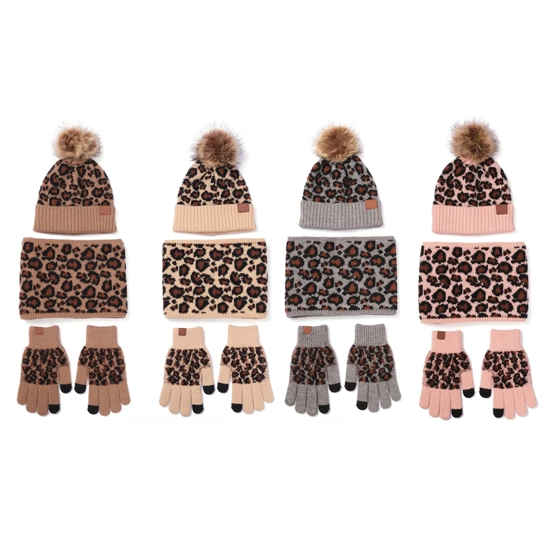 

3Pcs Women Winter Pompom Beanie Hat Scarf Touch Screen Gloves Set Warm Knit Leopard Print Skull Cap Plush Lined Warmer