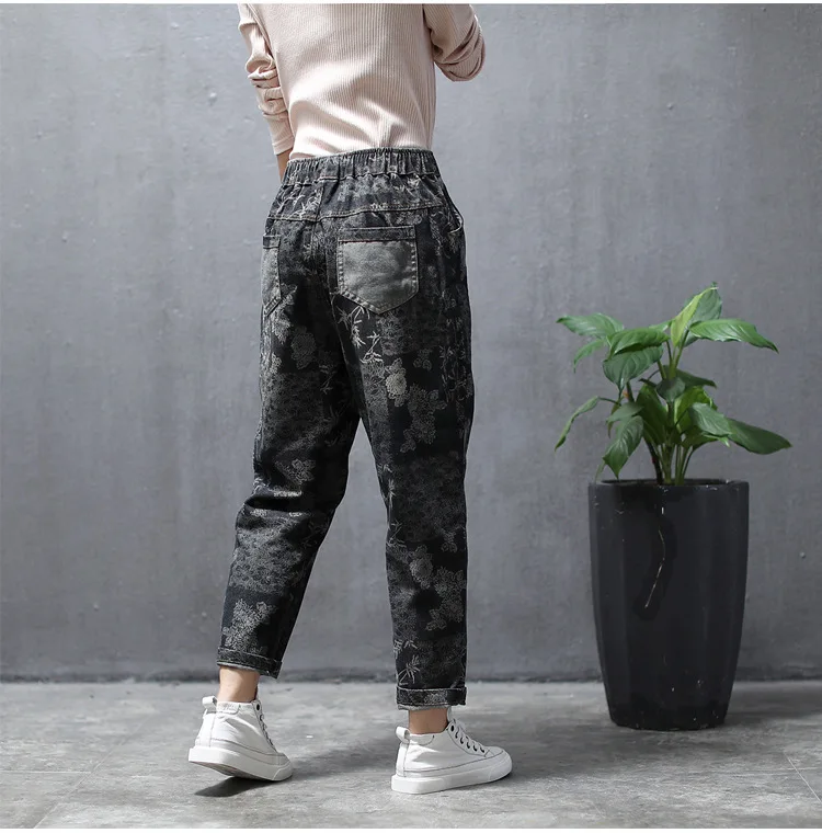 Женские джинсы с винтажным принтом свободные шаровары высокой талией