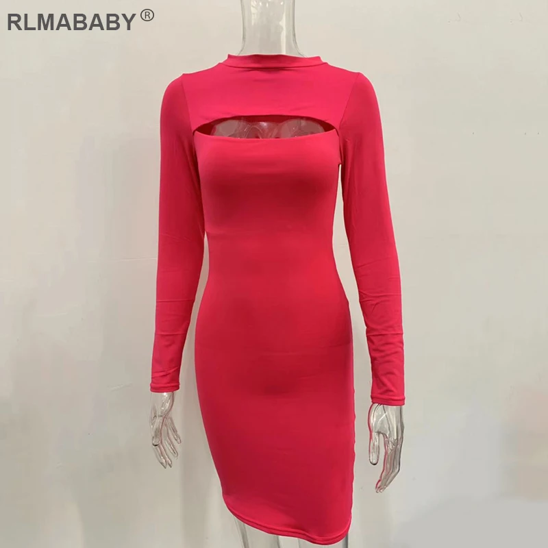 Rose Red Dress Rlmaaby, осенне-зимнее Двухслойное облегающее женское платье, вечерние платья для ночного клуба, мини-платье, Открытая грудь, длинный рукав, женское сексуальное платье - Цвет: Rose Red Dress