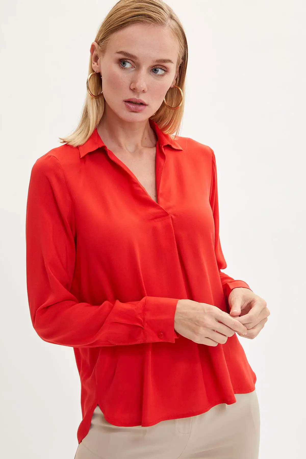 DeFacto ремешком Сезон осень Футболки и блузки в стиле Тенсел с длинным рукавом