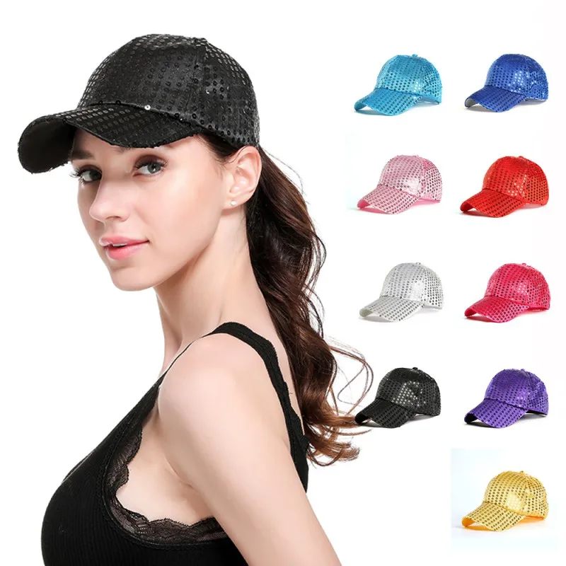 Фото Бейсболка с блестками для хвоста женская кепка в стиле хип хоп блестящая летняя
