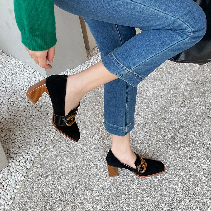 

WETKISS 2021 New Women Pumps Suede Genuine Leather Square Toe Shoes Shallow Chunky Heel Footwear Fashion Chain Decor Shoes