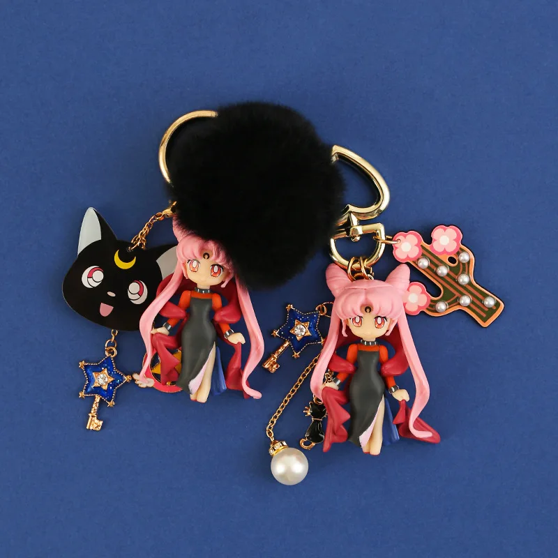Милый японский аниме помпон Сейлор девочка из меха кролика брелок с черной