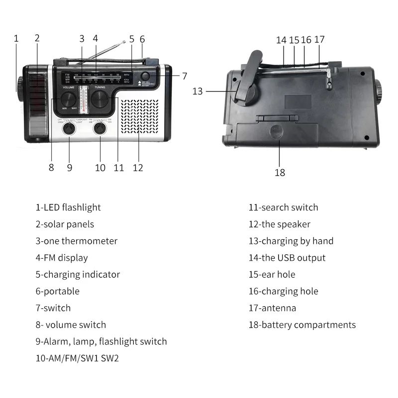 

HR11S Emergency Radio Hand Crank Solar Radio FM/MW/SW Bluetooth MP3 Player Digital Recorder Portable