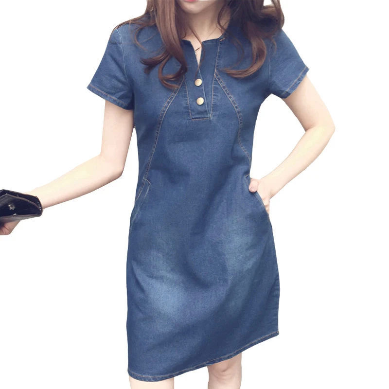 

Fashion Denim Dress For Women 2021a New Summer Korean Casual Jeans Dress With Button Pocket Sexy Denim Mini Dress Plus Size 5XL