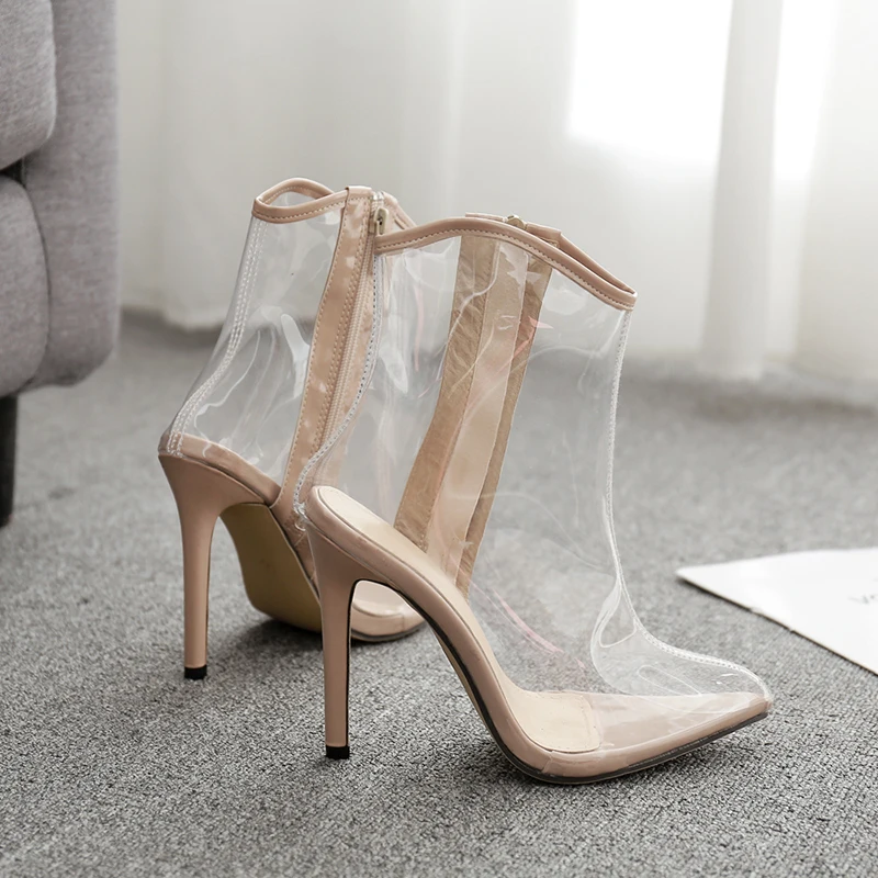 

Hjwsfdcai Pointed Toe Women Side Zipper Transparent Short Boots Stilettos High Heel Ladies Fashion Ankle Boots Sexy Mujer Shoes