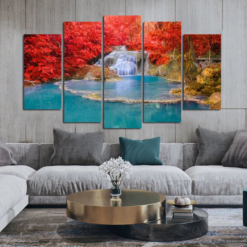 

5 панелей плакаты водопад красное дерево Печать на холсте картина большого размера Настенная картина для гостиной пейзаж Современный домаш...