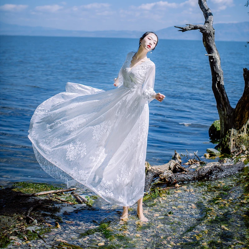 

Link spring new white gauze dress dress lace seaside holiday dress