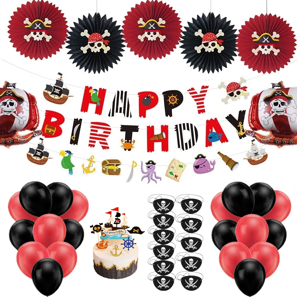 Boy Girl Pirate Birthday Party Decoration Balloon Banner Garland Treat Box Cake Topper for Pirate Themed Loot Treasure Party