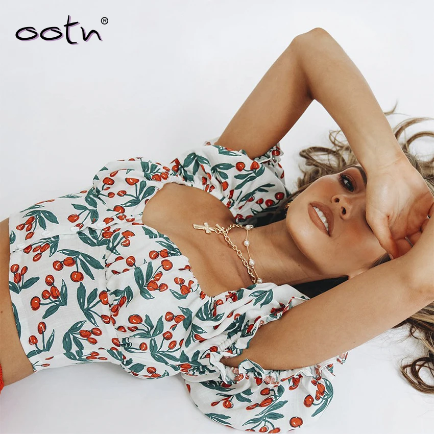 Сексуальный укороченный топ с вишневым цветочным принтом женская рубашка