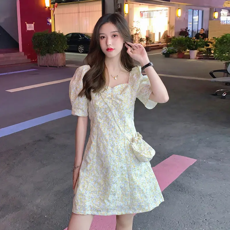 

French floral bubble sleeve dress women's bow knot super fairy short sleeve waist closing skirt new 2021 gentle style