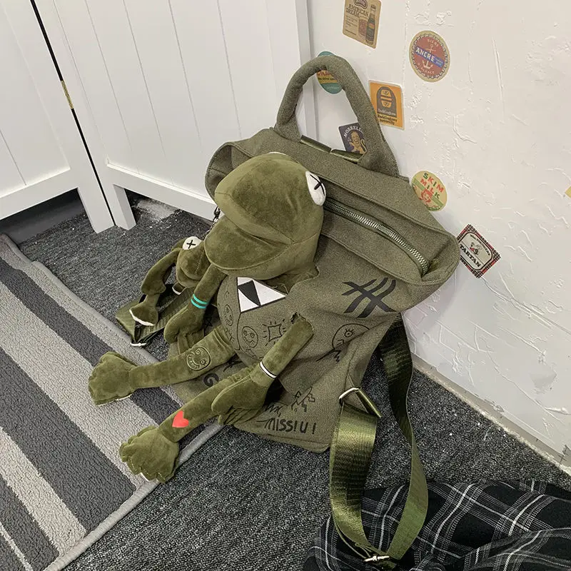 Men's Trendy Cool Graffiti Canvas Backpack Man Original Street Fashion Frog Doll School Bag Unisex Casual Backpack