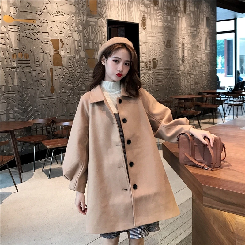 

Wool Coat one size Women Long Sleeve Collar Outwear Long Jacket Korean Casual new Winter Elegant Overcoat Women Woolen Coat