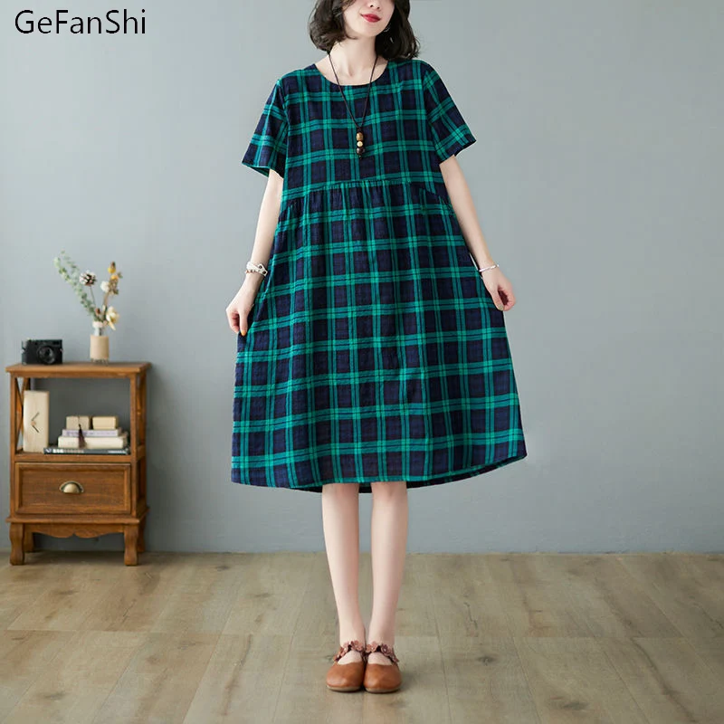 

2021 New Cotton Linen Women Dress Fashion Summer Vintage Print Plaid Dress Casual Draw String Short Sleeve O-Neck Loose Dresses