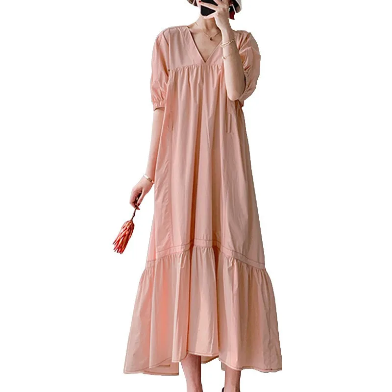 

Lugentolo Sweet Dress Women Sumemr Fashion V-neck High Waist Loose Big Swing Long Dresses for Women