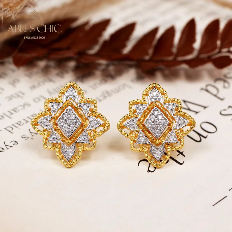 

Rhombus Flower Earrings 925 Silver Paved White Diamond CZ Geometric Earring 18K Gold Tone Renaissance Filigree Studs C11E4S25493