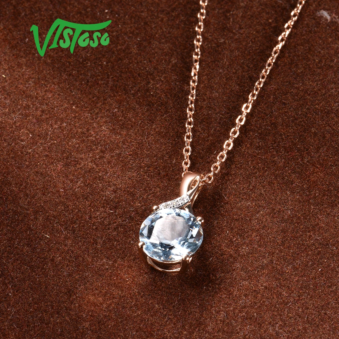 VISTOSO, Золотая подвеска для женщин, настоящая, 14 к, 585, розовое золото, сияющий голубой топаз, сверкающий бриллиант, подвеска, тонкое, хорошее ювелирное изделие