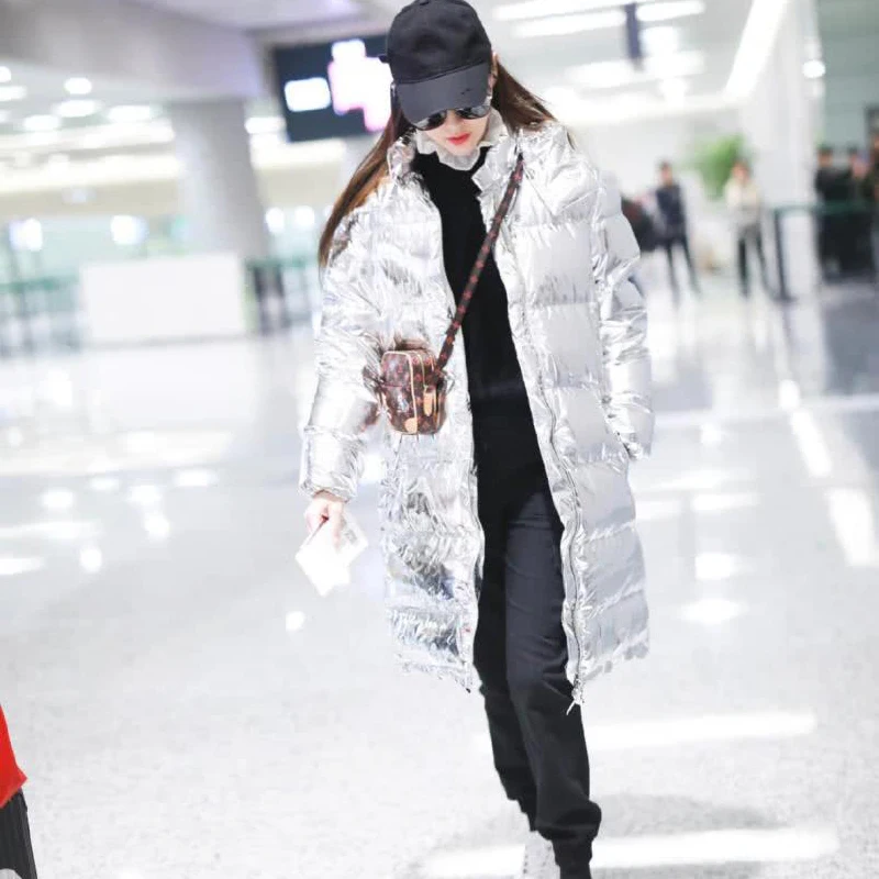 Женский зимний пуховик серебро 2020 пробы голографическая блестящая женская