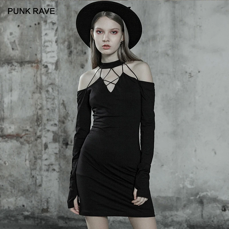 Черное мини платье на бретельках в стиле панк для девушек Клубная одежда